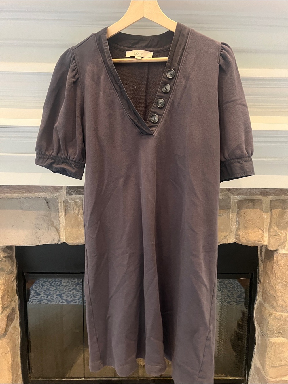 LOFT V-Neck Button Midi Dress in Grey-